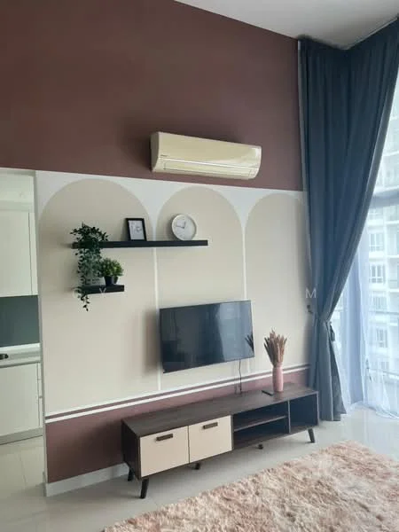 Living features: cream painted walls, brown accent wall, wall-mounted TV, TV console with two-tone cabinetry, shelf with decorative plant, clock on wall, curtains, air conditioning unit, light-colored area rug, large windows with natural light; style: modern.