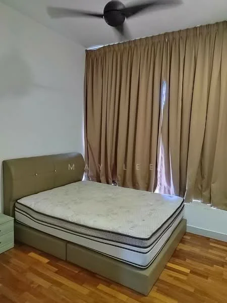 Bedroom features: queen-size bed, upholstered headboard, wooden flooring, floor-to-ceiling window, brown curtains, ceiling fan, nightstand, mattress; style: modern.