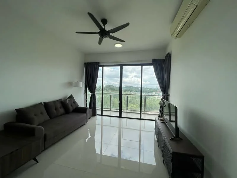 Living features: 3-seater fabric sofa in dark grey, floor-to-ceiling windows, blackout curtains, white painted walls, polished ceramic tile flooring, 5-blade ceiling fan with light, wall-mounted TV, TV console in dark wood, recessed ceiling lights, air conditioning unit; style: modern; view: city.
