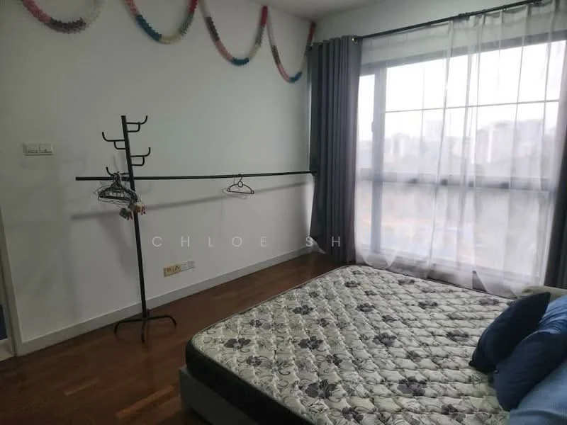 Bedroom features: queen-size bed, mattress on bed frame, wooden flooring, floor-to-ceiling window, sheer curtains, clothes rack, decorative wall hangings, white painted walls; view: city.