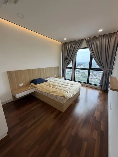 Bedroom features: king-size bed, wooden headboard, bedside shelf, floor-to-ceiling windows, grey curtains, recessed downlights, wooden flooring, city view; style: modern; view: city.