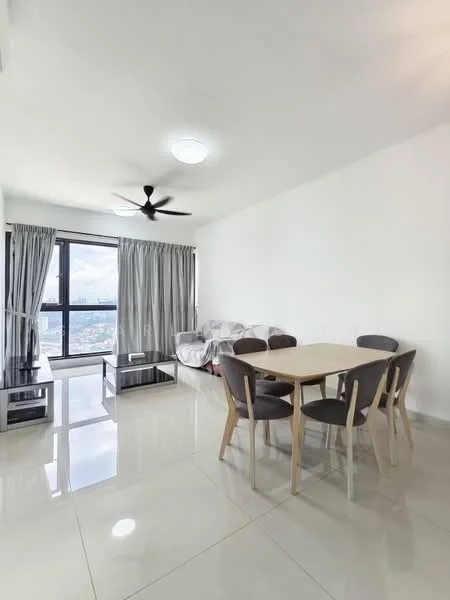 Dining features: dining table with four chairs, grey upholstered chairs, white walls, polished ceramic tile flooring, 5-blade ceiling fan with light, floor-to-ceiling windows, sheer curtains, city view; style: modern; view: city. Living features: sofa, coffee table, TV console, polished ceramic tile flooring, 5-blade ceiling fan with light, floor-to-ceiling windows, sheer curtains, city view; style: modern; view: city.