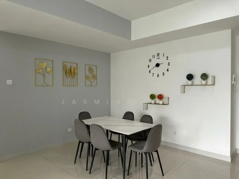 Dining features: 6-seater dining table, grey upholstered dining chairs, white tabletop, clock on wall, wall-mounted shelf with decorative items, framed artwork with floral designs, light grey painted walls, cream tiled flooring; style: modern.
