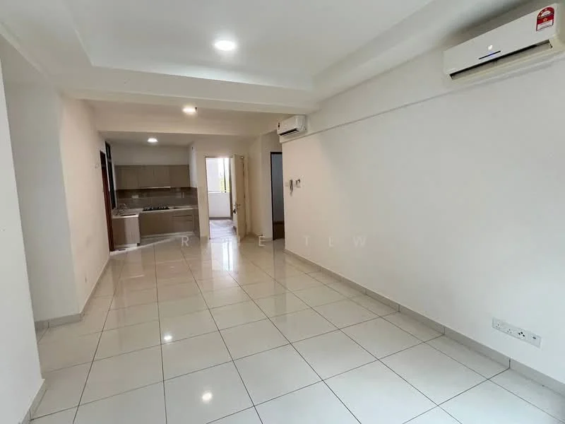 Living features: white painted walls, glossy white tile flooring, recessed downlights, 1 wall-mounted split AC, open layout, large window for natural light, neutral color scheme, doorway leading to kitchen, doorway leading to other rooms; style: modern.