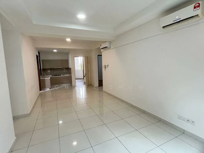Living features: white painted walls, glossy ceramic tile flooring, recessed downlights, 1 wall-mounted split AC, open layout, large window, neutral color scheme, doorway leading to kitchen; style: modern.