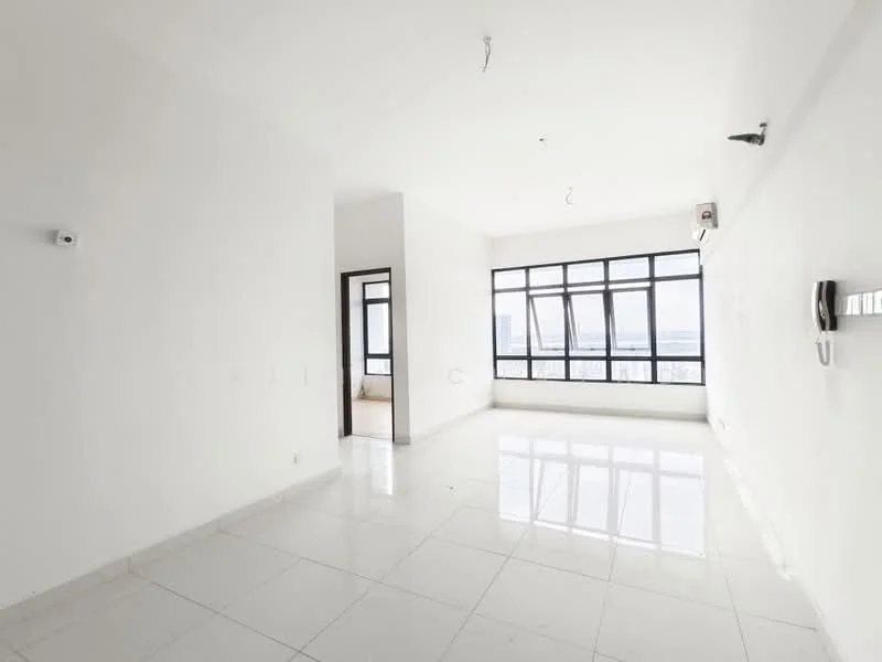 Room features: white painted walls, glossy white tile flooring, floor-to-ceiling windows, city view, recessed downlights, one wall-mounted intercom, one wall-mounted security camera, open layout; style: modern; view: city.