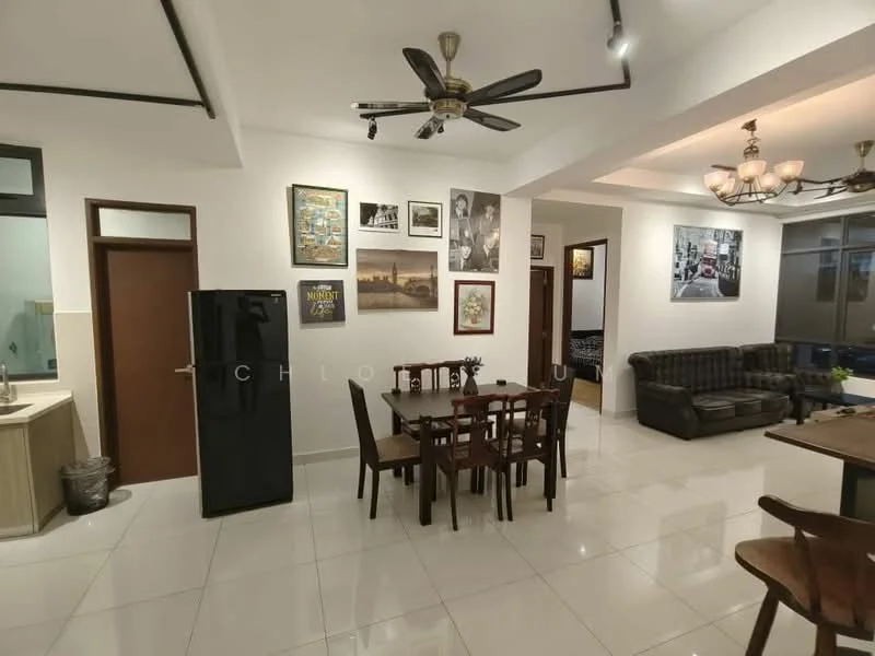 Living features: 3-seater leather sofa in dark brown, wooden dining table with 6 chairs, ceiling fan with light, recessed downlights, framed artwork on walls, white painted walls, glossy tile flooring, decorative wall clock, TV console, wall-mounted TV, area rug with geometric pattern; style: modern. Kitchen features: single-bowl stainless-steel sink, built-in cabinetry, countertop with storage, fridge, wall-mounted cabinets; style: modern.