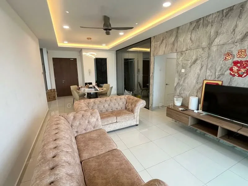 Living features: beige tufted fabric sofa, white walls, recessed LED downlights, ceiling fan, flat-screen TV on wooden console, marble accent wall, glossy white tile flooring, dining area visible in background, decorative wall art, glass sliding door, open layout; style: modern.