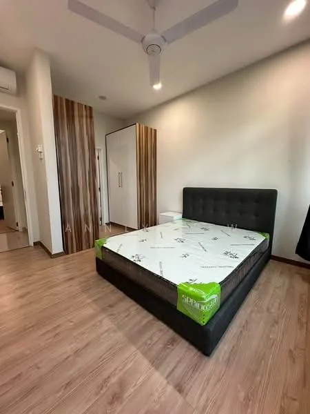 Bedroom features: queen-size bed with mattress protector, wooden flooring, light-colored painted walls, ceiling fan, built-in wardrobe with sliding doors, window with black curtains, nightstand, air conditioning unit; style: modern.