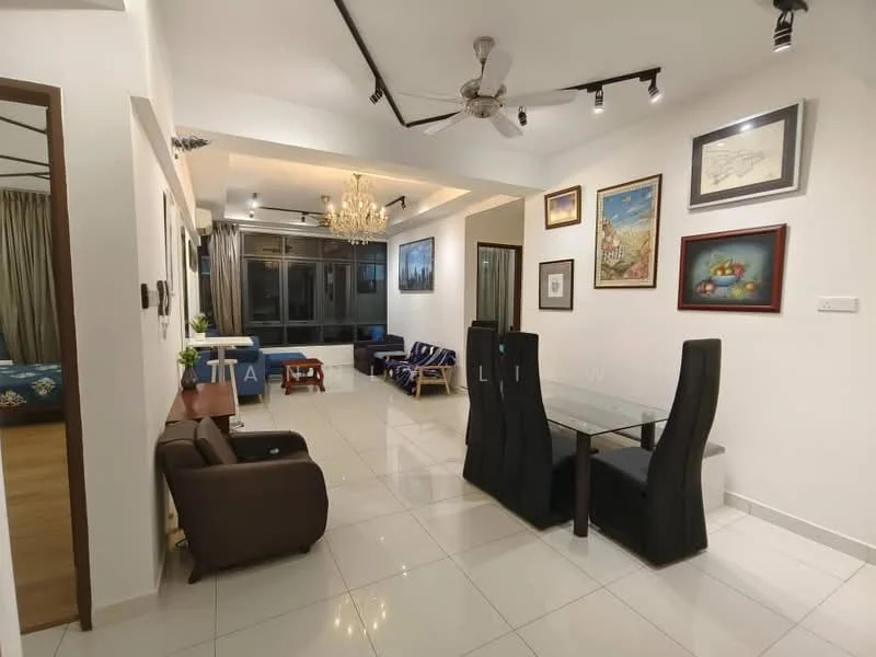 Living features: white painted walls, glossy tile flooring, 5-blade ceiling fan with light, recessed LED downlights, chandelier, sofa in dark brown leather, 2 black dining chairs, glass dining table, framed artwork on walls, floor-to-ceiling windows with sheer curtains, decorative wall clock, wooden side table, blue fabric sofa, area rug with geometric pattern; style: modern; view: city.