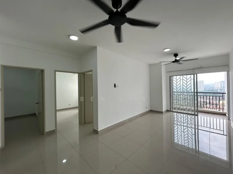 Living features: white painted walls, glossy ceramic tile flooring, 2 ceiling fans, floor-to-ceiling windows, sliding glass door, balcony access, natural light, neutral color scheme; style: modern; view: city. Room features: white painted walls, glossy ceramic tile flooring, doorway to adjacent room.