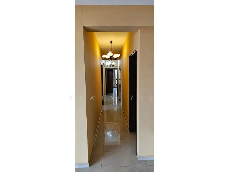 Hallway features: cream painted walls, glossy ceramic tile flooring, chandelier light fixture, doorway leading to other rooms, narrow corridor layout, recessed lighting, neutral color scheme; style: modern.