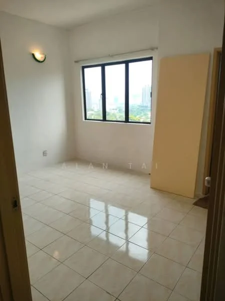 Room features: white painted walls, glossy ceramic tile flooring, floor-to-ceiling window, city view, 1 wall-mounted light fixture, neutral-colored door, empty space, no visible furniture; view: city.