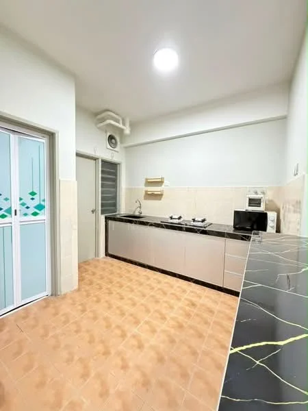 Kitchen features: black granite countertop, stainless-steel sink, chrome pull-down faucet, built-in microwave, freestanding range oven, 2-burner gas hob, cream tiled backsplash, light beige tiled flooring, white cabinetry, wall-mounted kitchen shelf, window with sliding glass door, exhaust fan; style: modern.