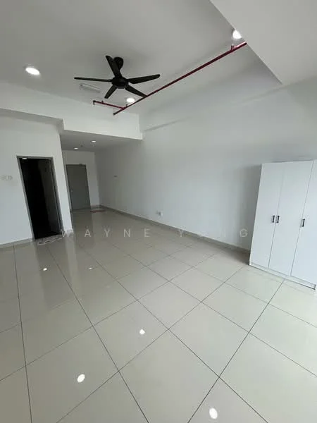 Room features: white painted walls, polished ceramic tile flooring, 5-blade ceiling fan, recessed downlights, open layout, large windows, built-in wardrobe, exposed ceiling with red piping; style: modern.