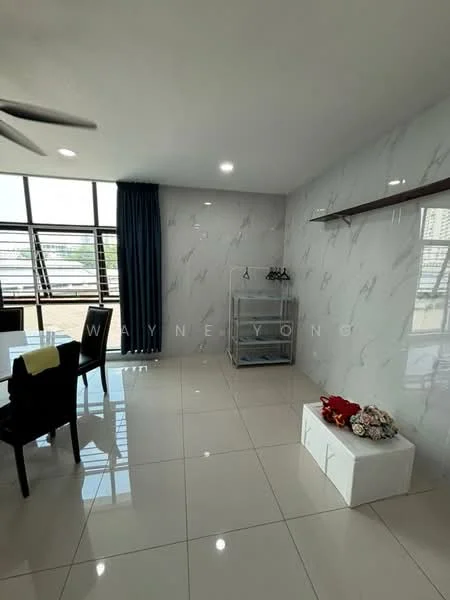 Living features: white marble tile flooring, white painted walls with marble pattern, 5-blade ceiling fan with light, large windows with city view, blackout curtains, dining table with chairs, decorative shelving unit, decorative flowers on white box; style: modern; view: city.