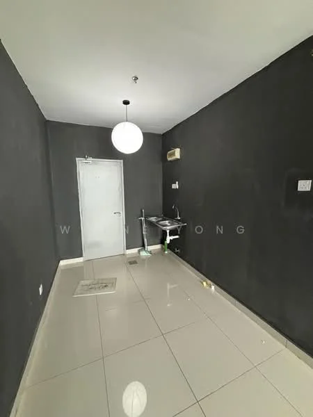 Room features: black painted walls, glossy tile flooring, single-bowl stainless-steel sink, wall-mounted air conditioning unit, ceiling light fixture, door leading to another room, floor drain, wall-mounted electrical outlet; style: modern.