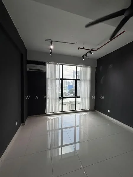 Living features: grey painted walls, white tiled flooring, floor-to-ceiling windows, sheer curtains, 1 wall-mounted split AC, recessed LED downlights, 5-blade ceiling fan, city view; style: modern; view: city.