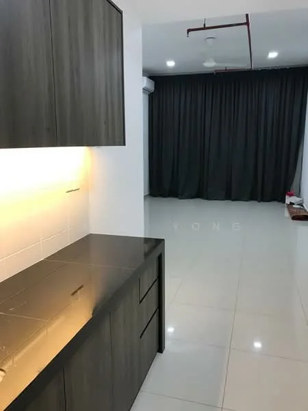 Room features: black granite countertop, dark wood cabinetry, white tiled backsplash, white walls, glossy white floor tiles, recessed LED downlights, floor-to-ceiling curtains in dark grey, air conditioning unit; style: modern.