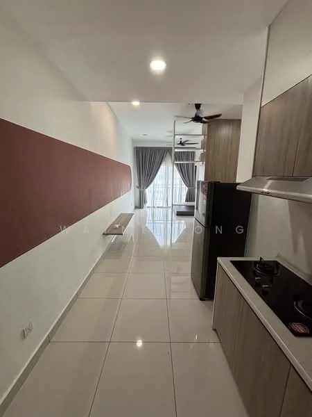 Kitchen features: white painted walls, red accent wall, glossy tile flooring, ceiling lights, 5-blade ceiling fan, stainless-steel fridge, built-in stove, kitchen cabinetry in wood finish, countertop with integrated sink, open layout, large windows with curtains; style: modern.