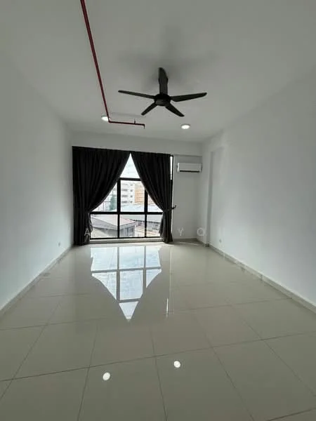 Living features: white painted walls, glossy ceramic tile flooring, 5-blade ceiling fan with light, floor-to-ceiling windows, blackout curtains, wall-mounted split AC, natural light, city view; style: modern; view: city.