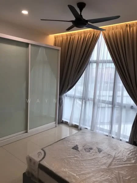 Bedroom features: 5-blade ceiling fan, floor-to-ceiling windows, sheer curtains, blackout curtains, sliding wardrobe with frosted glass doors, white painted walls, tile flooring, bed with mattress; style: modern.