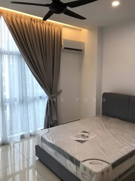 Bedroom features: queen-size bed, grey upholstered headboard, floor-to-ceiling windows, sheer curtains, drapes, wall-mounted split AC, recessed downlights, polished tile flooring, decorative wall, area rug; style: modern.