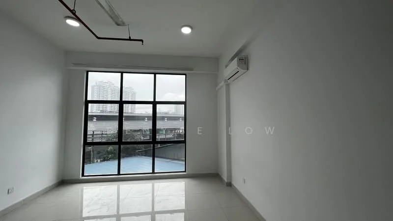 Room features: white painted walls, polished ceramic tile flooring, floor-to-ceiling windows, 1 wall-mounted split AC, recessed LED downlights; style: modern; view: city.