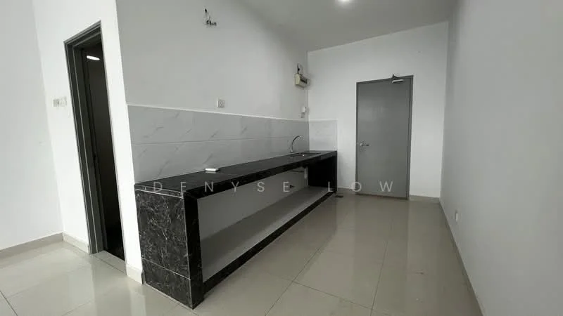 Kitchen features: black granite countertop, white tiled backsplash, single-bowl stainless-steel sink, chrome pull-down faucet, white painted walls, cream tiled flooring, wall-mounted air conditioning unit, open shelving below countertop, recessed lighting; style: modern.
