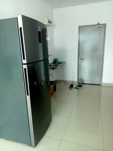 Room features: grey refrigerator, wall-mounted split AC, stainless steel sink, countertop, white walls, glossy tile flooring, metal door, shoes on the floor; style: modern.