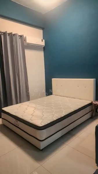 Bedroom features: king-size bed, upholstered headboard, grey curtains, wall-mounted split AC, blue painted walls, white tiled flooring, nightstand, decorative wall art; style: modern.