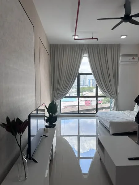 Room features: floor-to-ceiling windows, white sheer curtains, 5-blade ceiling fan with light, light-colored walls, glossy tile flooring, TV console, decorative plant, natural light from window, air conditioning unit; style: modern; view: city.