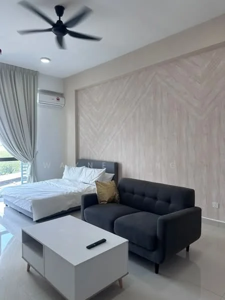 Living features: grey fabric sofa, white coffee table, queen-size bed with white bedding, wall-mounted split AC, ceiling fan, light-colored accent wall with herringbone pattern, floor-to-ceiling window with sheer curtains, polished tile flooring; style: modern; view: garden.
