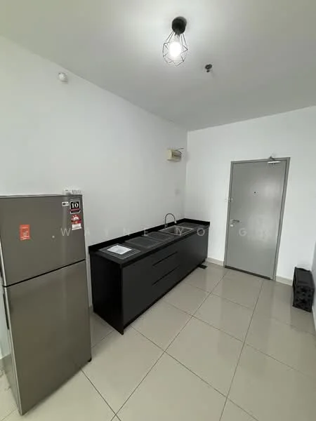 Kitchen features: grey cabinetry, black countertop, single-bowl stainless-steel sink, chrome pull-down faucet, stainless-steel fridge, ceramic tile flooring, wall-mounted split AC, LED pendant light, white painted walls, door to hallway; style: modern.
