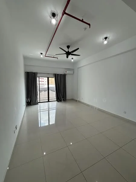 Room features: white painted walls, polished ceramic tile flooring, 5-blade ceiling fan with light, recessed downlights, floor-to-ceiling sliding glass door, grey curtains, air conditioning unit, exposed red piping; style: modern; view: city.