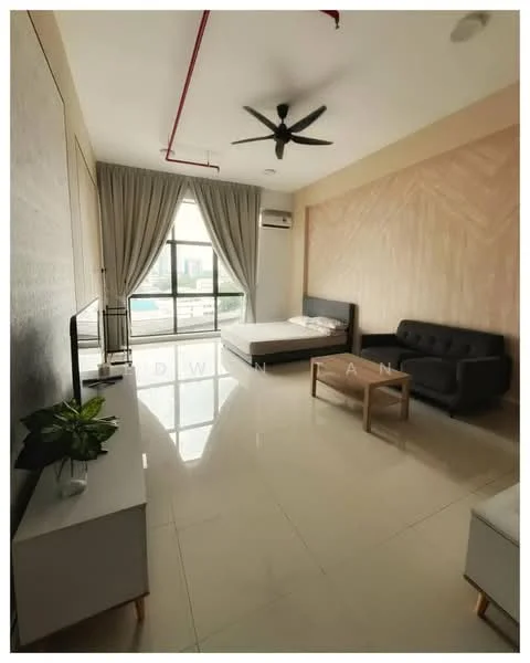 Living features: cream painted walls, wood accent wall, glossy tile flooring, 5-blade ceiling fan, floor-to-ceiling windows, sheer curtains, sofa in black, bed in white, TV console, potted plant, air conditioning unit; style: modern; view: city.