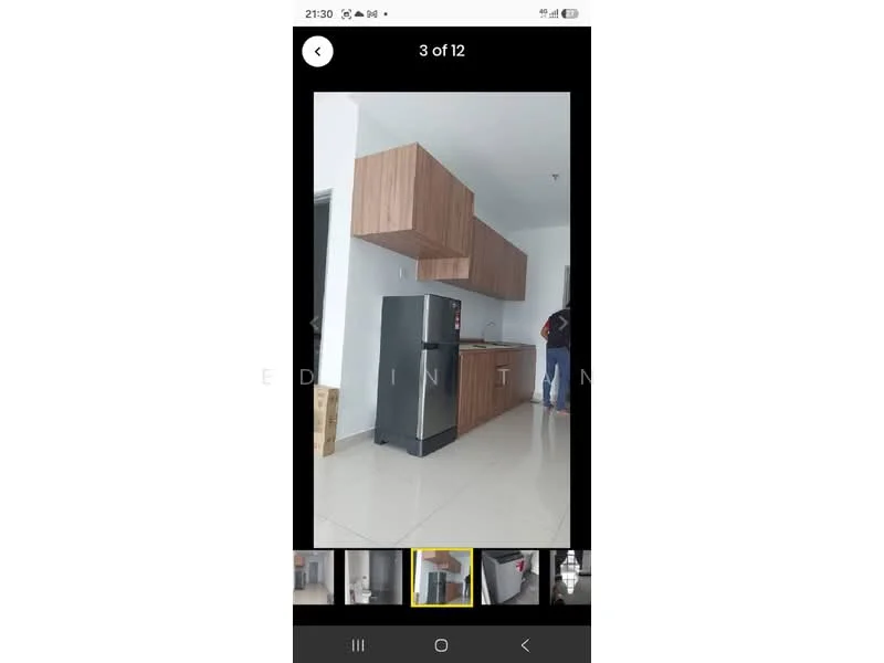 Kitchen features: wooden cabinetry, stainless-steel fridge, ceramic tile flooring, white walls, countertop with backsplash, wall-mounted cabinets, open shelving, single-bowl stainless-steel sink, chrome pull-down faucet; style: modern.