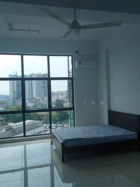 Bedroom features: floor-to-ceiling windows, city view, 1 wall-mounted split AC, 5-blade ceiling fan, white painted walls, glossy tile flooring, wooden bed frame, unmade mattress; style: modern; view: city.