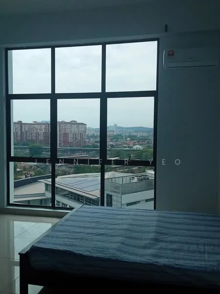 Bedroom features: floor-to-ceiling windows, city view, single bed, air conditioning unit, white walls, tile flooring, curtains, bedside table; style: modern; view: city.
