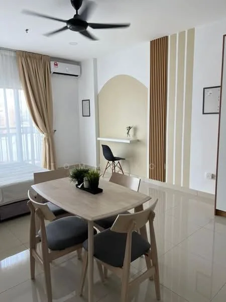 Living features: floor-to-ceiling windows, white painted walls, wood panel accent wall, light-colored tiled flooring, 5-blade ceiling fan, dining table with 4 chairs, small decorative plant on table, wall-mounted shelf, chair with minimalist design, curtains, air conditioning unit; style: modern; view: city.