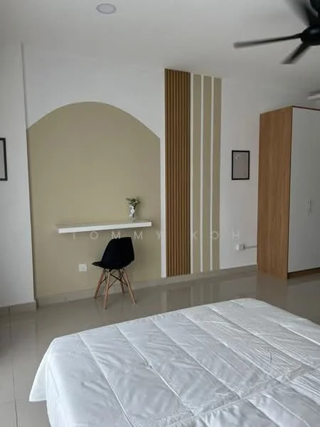 Bedroom features: white painted walls, cream accent wall, tile flooring, ceiling fan, built-in wardrobe, desk with shelf, decorative plant, chair, minimalist decor; style: modern.