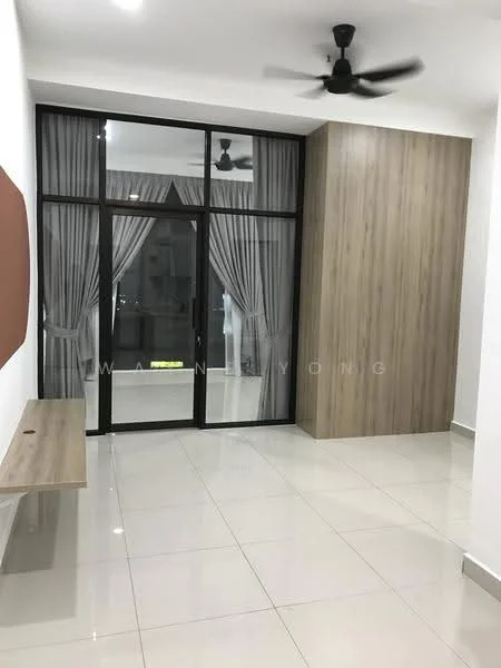 Room features: white painted walls, light wood feature wall, floor-to-ceiling windows, sheer curtains, ceramic tile flooring, ceiling fan, wall-mounted shelf, neutral color palette; style: modern.