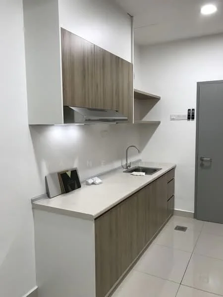 Kitchen features: white painted walls, light wood cabinetry, white countertop, stainless-steel range hood, single-bowl stainless-steel sink, chrome pull-down faucet, built-in oven, ceramic tile flooring, recessed LED downlights, open shelving, drawer storage, wall-mounted cabinet; style: modern.