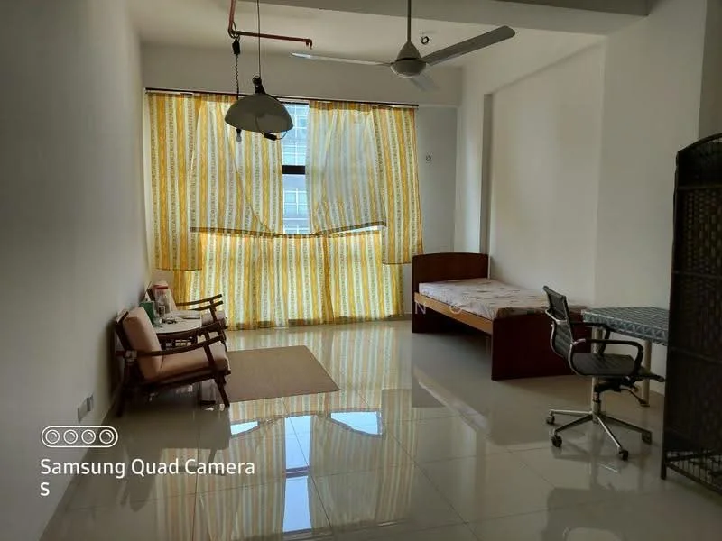 Room features: white painted walls, glossy tile flooring, large window with sheer curtains, single bed, wooden bed frame, study desk, office chair, ceiling fan, area rug, wooden armchair, decorative screen; style: modern; view: city.