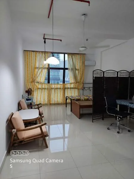 Room features: white painted walls, glossy tile flooring, large window with city view, yellow striped curtains, ceiling fan, hanging pendant light, wooden armchairs, office chair, partition screen, desk, table; style: modern; view: city.