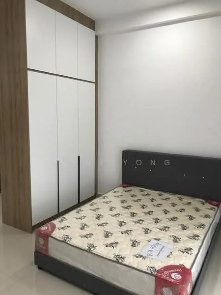Bedroom features: queen-size bed, upholstered headboard, built-in wardrobe with white doors, wood paneling on wardrobe, cream-colored mattress, white walls, tile flooring, recessed lighting; style: modern.