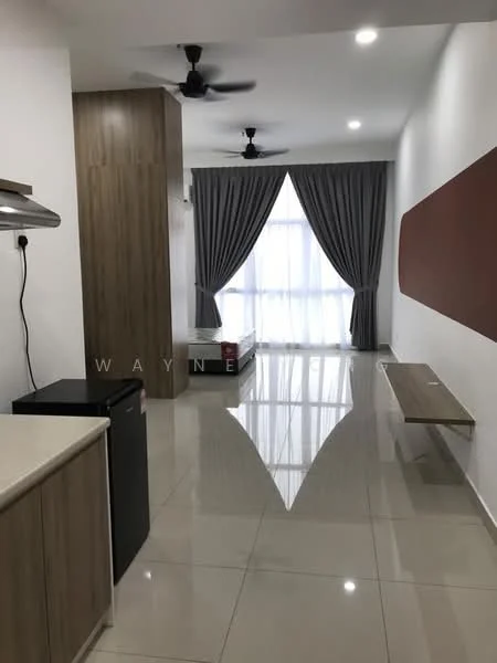 Living features: white painted walls, grey accent wall, glossy tile flooring, 2 ceiling fans, large window with sheer curtains, wooden feature wall, built-in shelf, refrigerator, kitchenette with countertop; style: modern.
