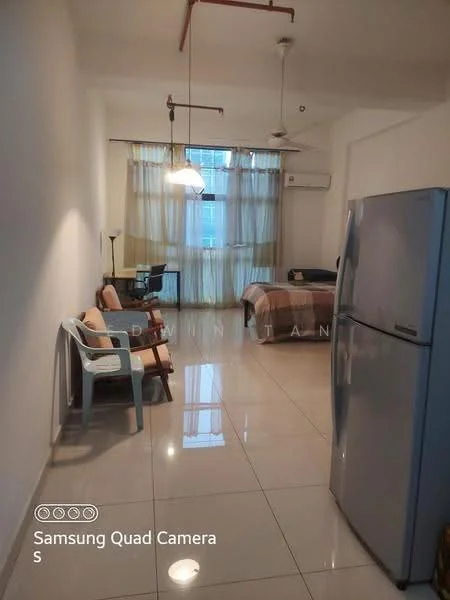 Living features: white painted walls, glossy tile flooring, 2-blade ceiling fan, floor-to-ceiling windows, sheer curtains, refrigerator, single bed, study desk, chair, bedside table, bed with bedding; style: modern; view: city.