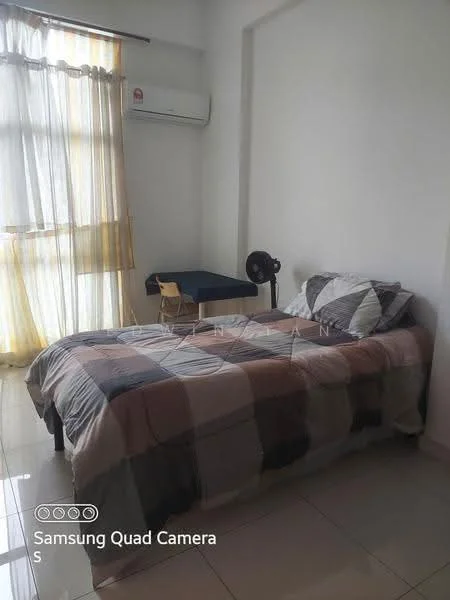 Bedroom features: single bed with checkered bedding, floor-to-ceiling window with sheer curtains, wall-mounted air conditioning unit, wooden desk, desk chair, table fan, glossy tile flooring, white painted walls; style: modern.
