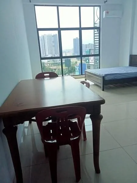 Room features: dining table with wooden surface, 4 red plastic chairs, floor-to-ceiling windows, city view, air conditioning unit, tiled flooring, bed with mattress, light-colored walls; style: modern; view: city.